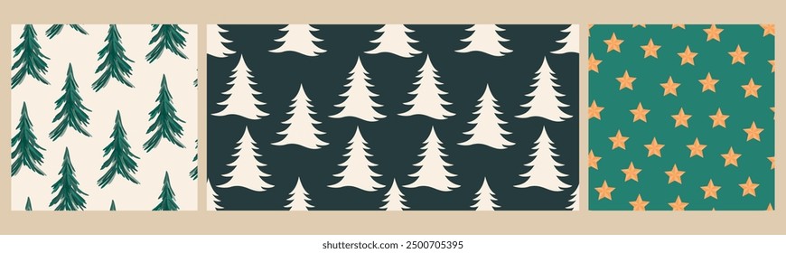 Vector set of seamless Christmas patterns. Firs and stars.