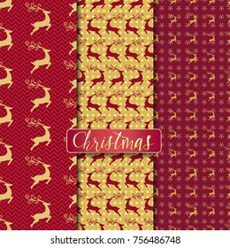 Vector set of seamless Christmas patterns with a deer and decorations. Holiday backgrounds in red and gold color.