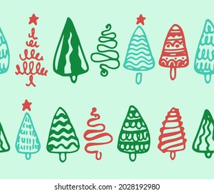 Vector set of seamless Christmas tree borders in red and green colors. horizontal stripes of the template hand-drawn Christmas tree set of simple triangles with a texture of lines, red, green 