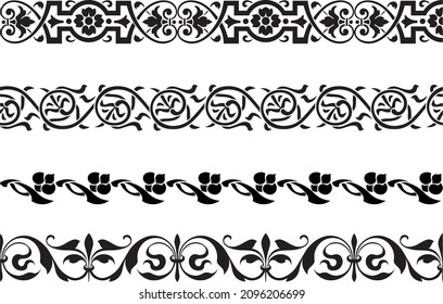 Vector set of seamless classic floral monochrome border ornaments. Framework of the peoples of Europe, Ancient Greece, Roman Empire
