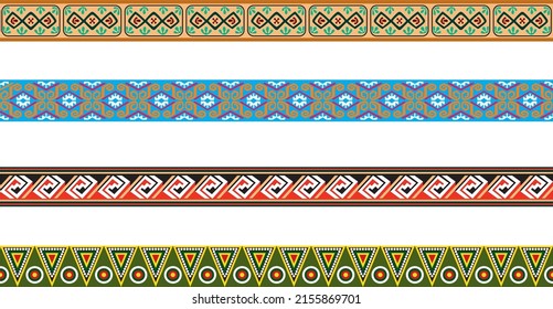 Vector set of seamless colored border ornaments. Native American tribal framework.