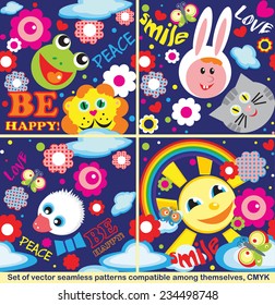  Vector set of seamless compatible  patterns with funny animals, flowers, inscriptions Be happy, Peace, Love, Smile on a dark blue background