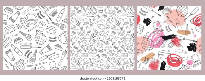 Vector set of seamless cosmetcis patterns. Make up doodle, hand drawn background. Beauty and care tools