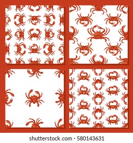 Vector set of seamless crab patterns. Various hand-drawn red crabs on white background. Boundless background for your design.