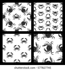 Vector set of seamless crabs patterns. Various black crab silhouettes on white background. Duotone boundless backgrounds for your design.