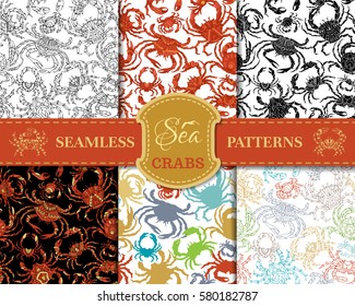 Vector set of seamless crabs patterns. Various crab boundless backgrounds for your design. Outlined, linear, doodles, silhouettes, duotone and colourful.