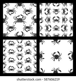 Vector set of seamless crabs patterns. Various black crab silhouettes on white background. Duotone boundless backgrounds for your design.