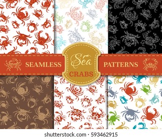 Vector set of seamless crabs patterns. Various crab boundless backgrounds for your design. Outlined, linear, doodles, silhouettes, duotone and colourful.