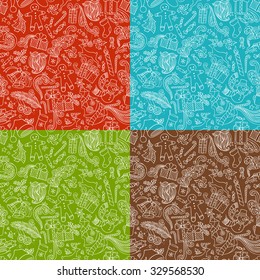 Vector set of seamless doodles Christmas patterns. Christmas tree and baubles, Santa sock, hat and beard, holly berries, gifts, candy canes, snowman, swirls, gingerbread man, deer, sweets, stars.