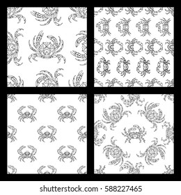 Vector set of seamless doodles crabs patterns. Various black outlined crabs on white background. Duotone boundless backgrounds for your design.