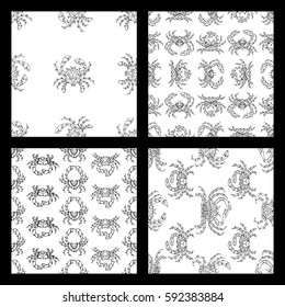 Vector set of seamless doodles crabs patterns. Various black linear crabs on white background. Duotone boundless backgrounds for your design.