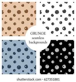 Vector set of seamless vector dotted patterns. Geometric background with circles. Grunge texture with attrition, cracks and ambrosia, lines, blots, drops. Old style vintage design Graphic illustration