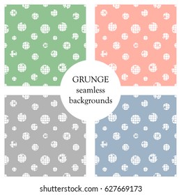 Vector set of seamless vector dotted patterns. Geometric background with circles. Grunge texture with attrition, cracks and ambrosia, lines, blots, drops. Old style vintage design Graphic illustration