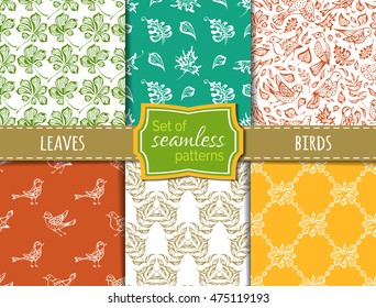 Vector set of seamless duotone nature patterns. Hand-drawn birds and leaves. Maple, rowan, chestnut leaves. Boundless backgrounds.