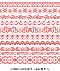 Vector set of seamless endless brushes with red hearts in a linear style for greeting cards on Valentine's Day, romantic dates, weddings, invitations. For the design of frames, borders, dividers