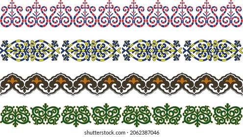 Vector set of seamless endless colored Yakut ornaments. Frames, borders, enclosures, drawing of the Far East. Nordic patterns
