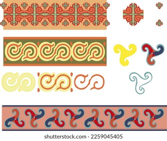 Vector set of seamless endless colored Buryat ornaments. Frames, borders, enclosures, drawing of the Far East. Buryat ornaments vector illustration EPS10. Ethnic pattern