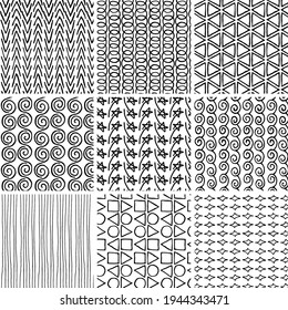 Vector set of seamless endless hand-drawn ink patterns in black isolated on white background. Simple geometric uneven doodles, repeating ornament, primitive childish style. Print on paper, textiles