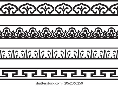 Vector set of seamless endless monochrome Chinese ornaments. Frames, borders, enclosures, drawing of the east.
