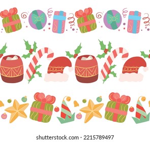 Vector set of seamless festive borders. Frame with candles, santa hat and sock, christmas gifts, decoration and confetti. Christmas element for cards, invitations and your creativity
