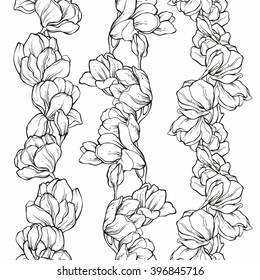 Vector Set of  seamless floral borders. Doodle flowers magnolia. Linear black and white illustration of spring flowers