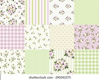 Vector set of seamless floral and geometric patterns for scrapbooking in green, purple and white colors.