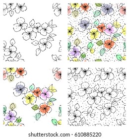Vector set of seamless floral pattern with flowers, leaves, decorative elements, splash, blots, drop Hand drawn contour lines and strokes Doodle sketch style, graphic vector drawing illustration