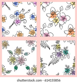 Vector set of seamless floral pattern with flowers, leaves, decorative elements, splash, blots, drop Hand drawn contour lines and strokes Doodle sketch style, graphic vector drawing illustration