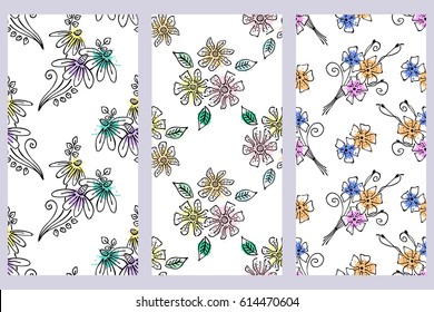 Vector set of seamless floral pattern with flowers, leaves, decorative elements, splash, blots, drop Hand drawn contour lines and strokes Doodle sketch style, graphic vector drawing illustration
