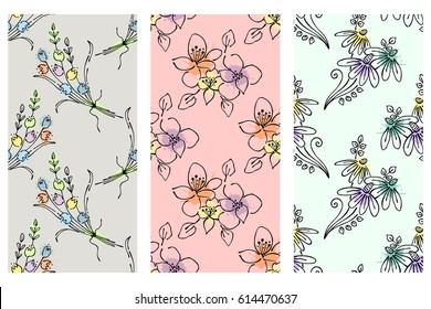 Vector set of seamless floral pattern with flowers, leaves, decorative elements, splash, blots, drop Hand drawn contour lines and strokes Doodle sketch style, graphic vector drawing illustration
