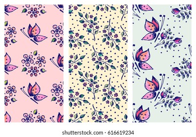 Vector set of seamless floral pattern with butterflies, flowers, leaves, decorative elements Hand drawn contour lines and strokes Doodle sketch style, graphic vector drawing illustration