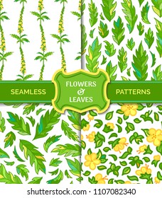 Vector set of seamless floral patterns. Tiny yellow flowers and green pinnate leaves on white background. Bright spring and summer boundless backgrounds. Tileable design elements.