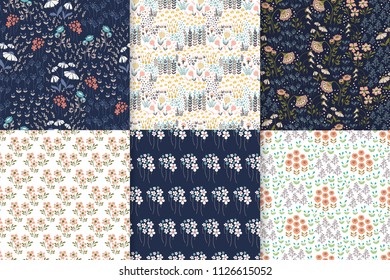 Vector set of seamless floral patterns, spring/summer backdrop. Hand drawn surface pattern design with flowers in garden. Seamless texture perfect for wallpapers,web backgrounds, surface textures.