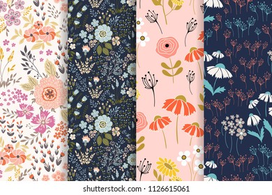 Vector set of seamless floral patterns, spring/summer backdrop. Hand drawn surface pattern design with flowers in garden. Seamless texture perfect for wallpapers,web backgrounds, surface textures.