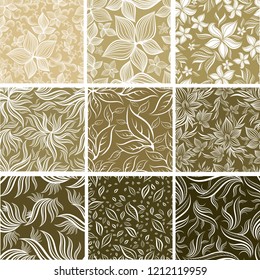 Vector set of seamless floral patterns with leafs. Autumn background