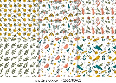 Vector set of seamless floral patterns, spring summer backdrop. Hand drawn surface pattern design with butterflies and flowers in garden. Seamless texture perfect for wallpapers, surface design