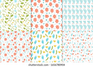 Vector set of seamless floral patterns, spring summer backdrop. Hand drawn surface pattern design with flowers in garden. Seamless texture perfect for wallpapers,web backgrounds, surface textures.
