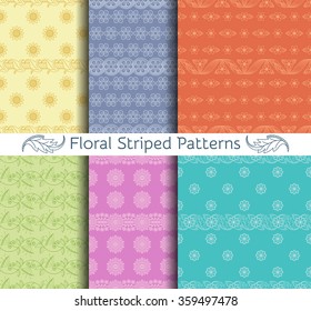 Vector set of seamless floral striped patterns. Good for frames, borders and backgrounds. Detailed decorative motif. Elements for ethnic decor. Green, blue, orange, pink, violet and yellow colors