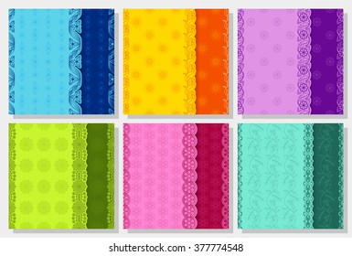 Vector set of seamless floral striped patterns. Good for banners, cards, backgrounds. Detailed decorative motif. Elements for ethnic decor. Green, blue, orange, pink, violet and turquoise colors