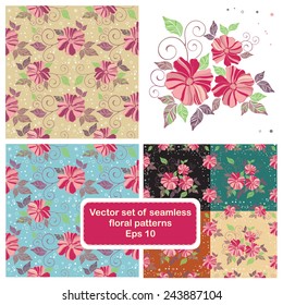 Vector set seamless flower and polka dots  pattern in different colors backgrounds and one vector object with flowers for design. 