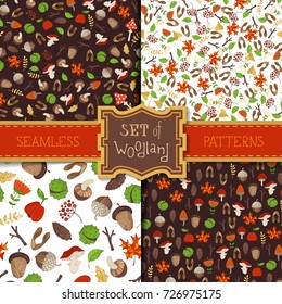 Vector set of seamless forest patterns. Tree branches, autumn leaves, mushrooms, fir-cones, maple seeds, apples, rowan berries, flowers, acorns and chestnuts. Cartoon boundless backgrounds.