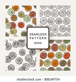 Vector set of seamless geometric patterns of crooked spirals and stains