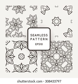 Vector set of seamless geometric patterns of stylized flowers mosaic