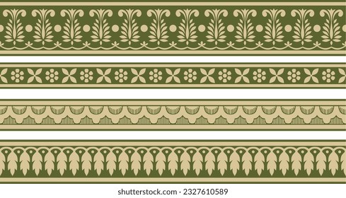 Vector set of seamless gold and green Indian national ornament. Ethnic endless plant border. Flowers frame. Poppies and leaves.
