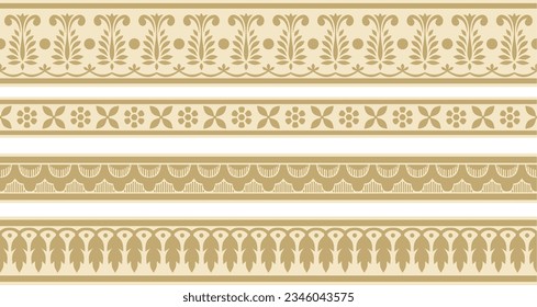 Vector set of seamless gold indian national ornament. Ethnic endless plant border. Flowers frame. Poppies and leaves.
