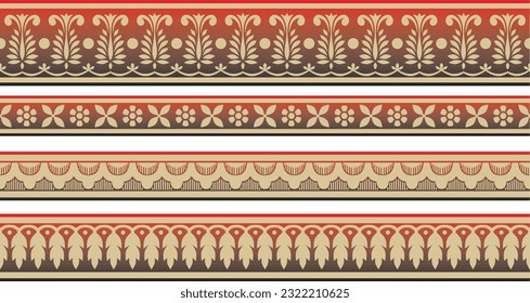 Vector set of seamless gold and red Indian national ornament. Ethnic endless plant border. Flowers frame. Poppies and leaves.
