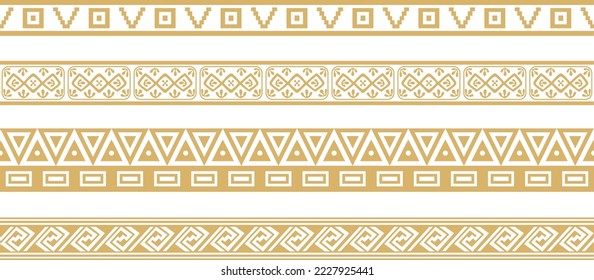 Vector set of seamless golden border ornament. Native American tribes framework. Endless patterns ethnic aztec, maya.