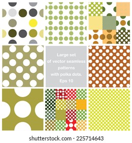 Vector set seamless green and colorful patterns with polka dots 