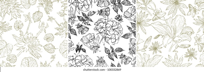 Vector set of seamless grunge floral patterns with spring flowers