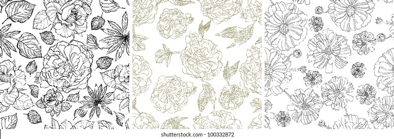 Vector set of seamless grunge floral patterns with spring flowers